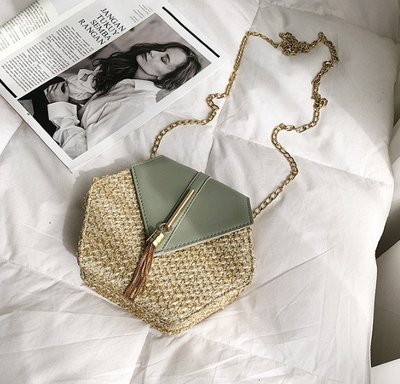 Женская мини сумочка клатч плетеная соломенная маленькая сумка шестигранная Мятный 652Ч фото