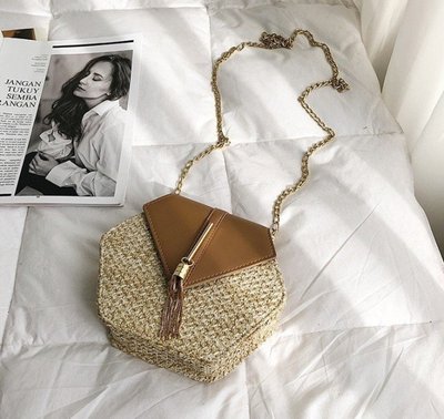 Женская мини сумочка клатч плетеная соломенная маленькая сумка шестигранная Коричневый 652К фото