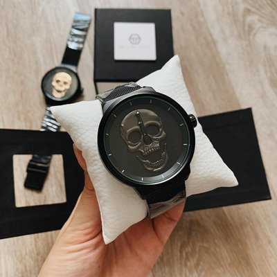 Большие мужские металлические наручные часы с Черепом кварцевые черные в коробке 489К фото