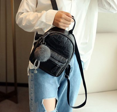 Стильный женский рюкзак с меховым брелком Мини, Черный 573МЧ фото